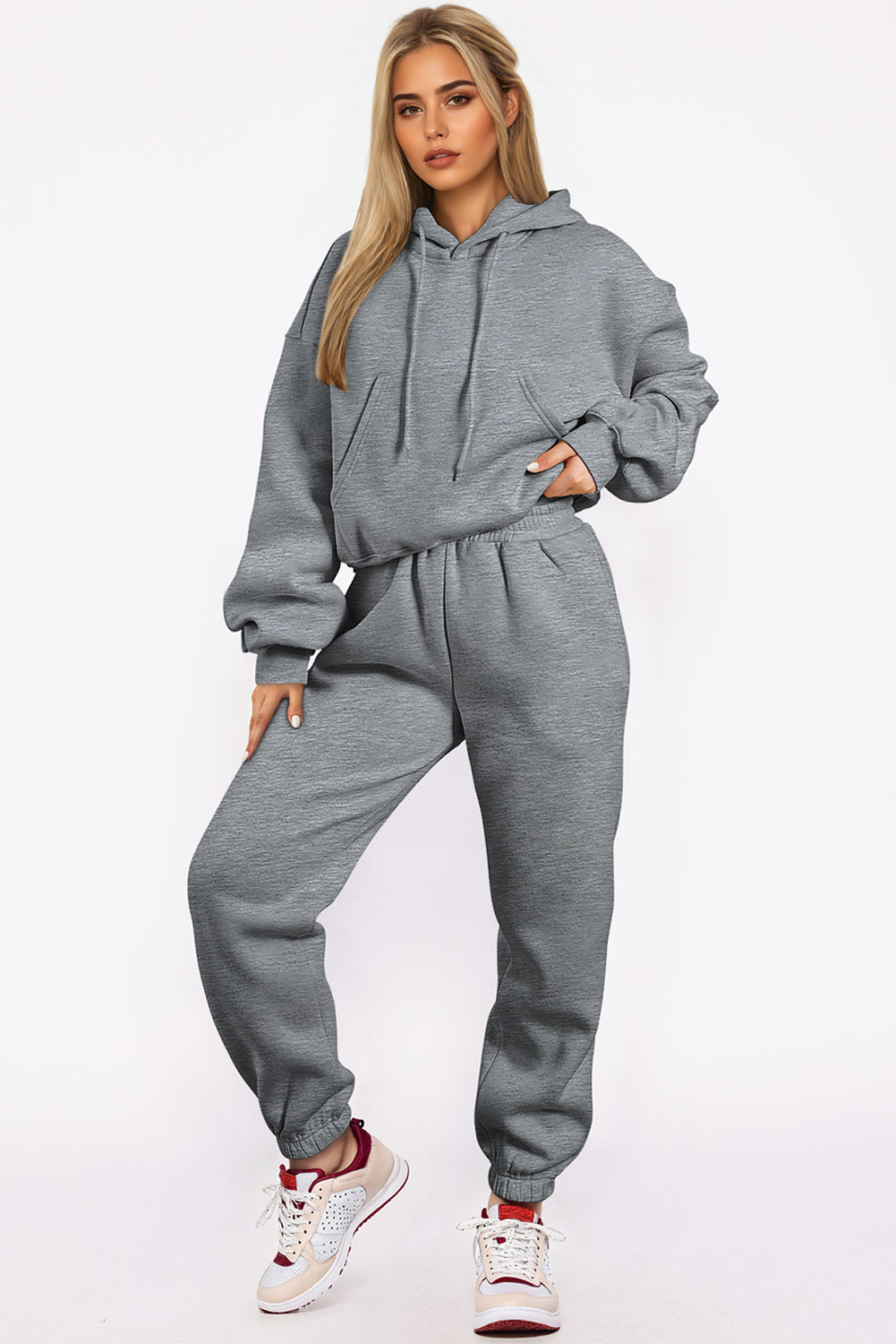 Cozy gray hoodie and joggers set for active adventures