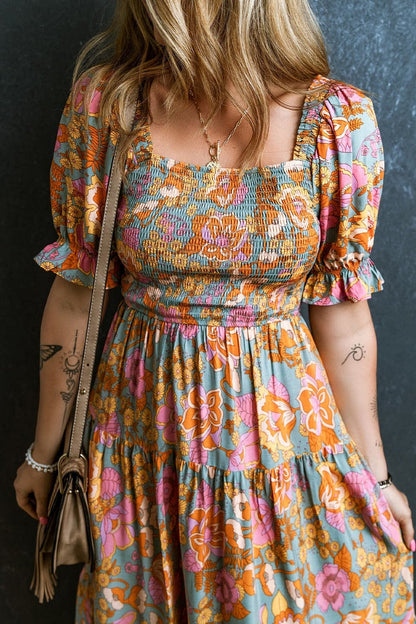 Smocked Printed Short Sleeve Dress.