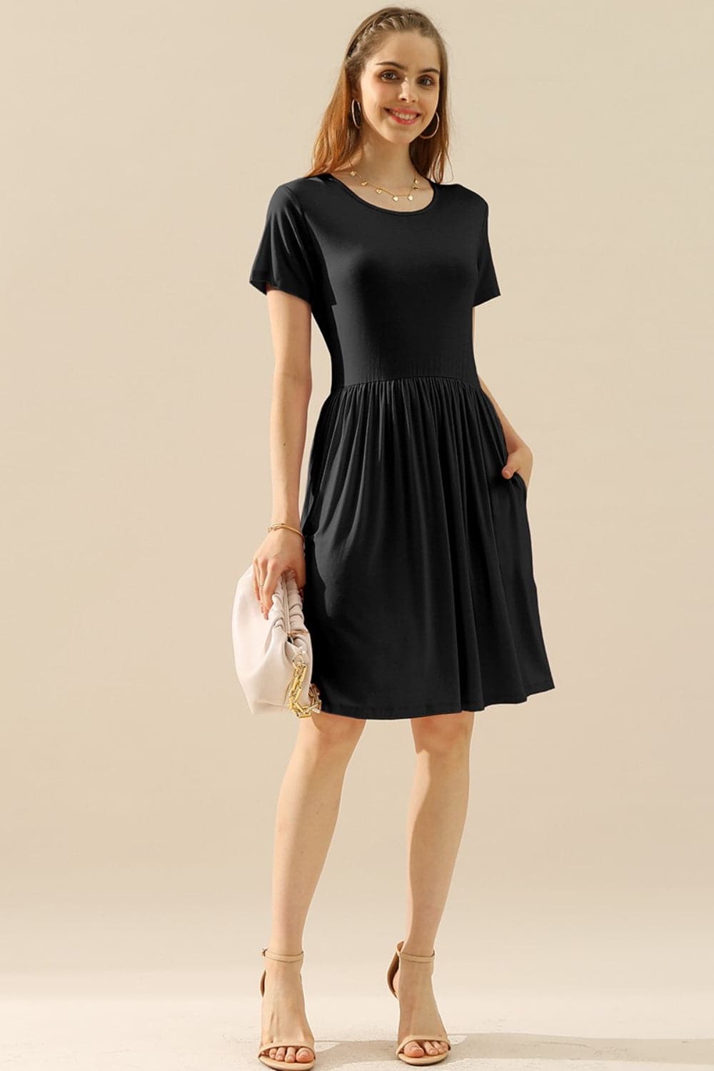 Ninexis Full Size Round Neck Ruched Dress with Pockets.