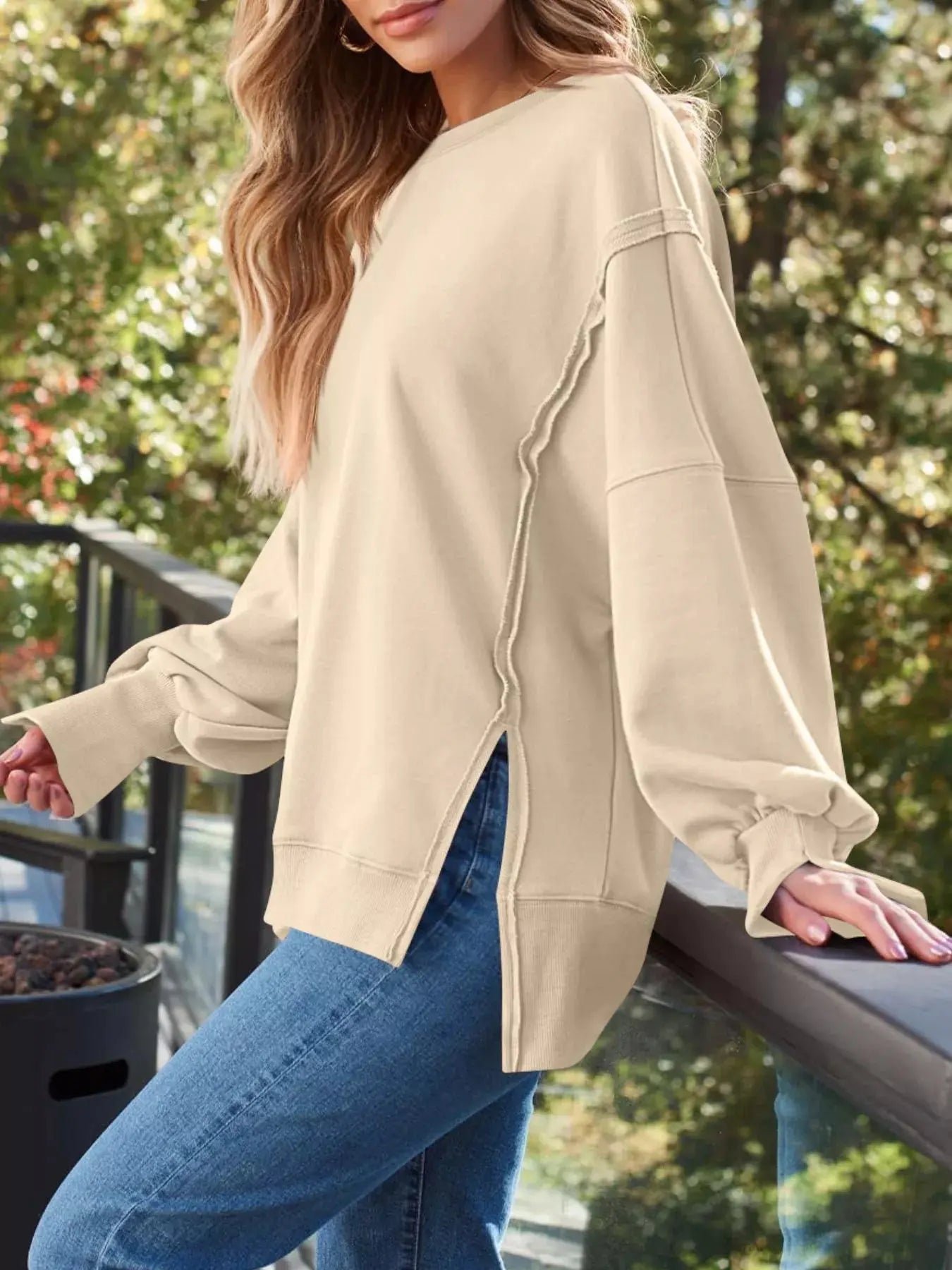 Side Slit Long Sleeve Oversized Sweatshirt Simply Love