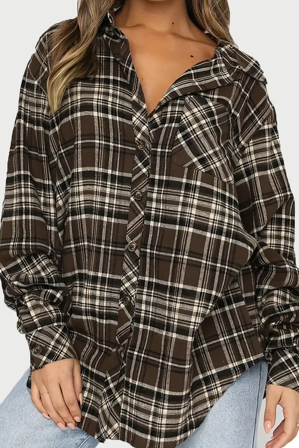 Plaid Collared Neck Long Sleeve Shirt.