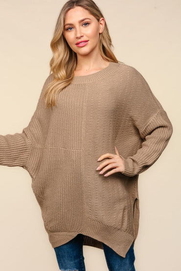 Asymmetric side slit textured sweater for stylish layering