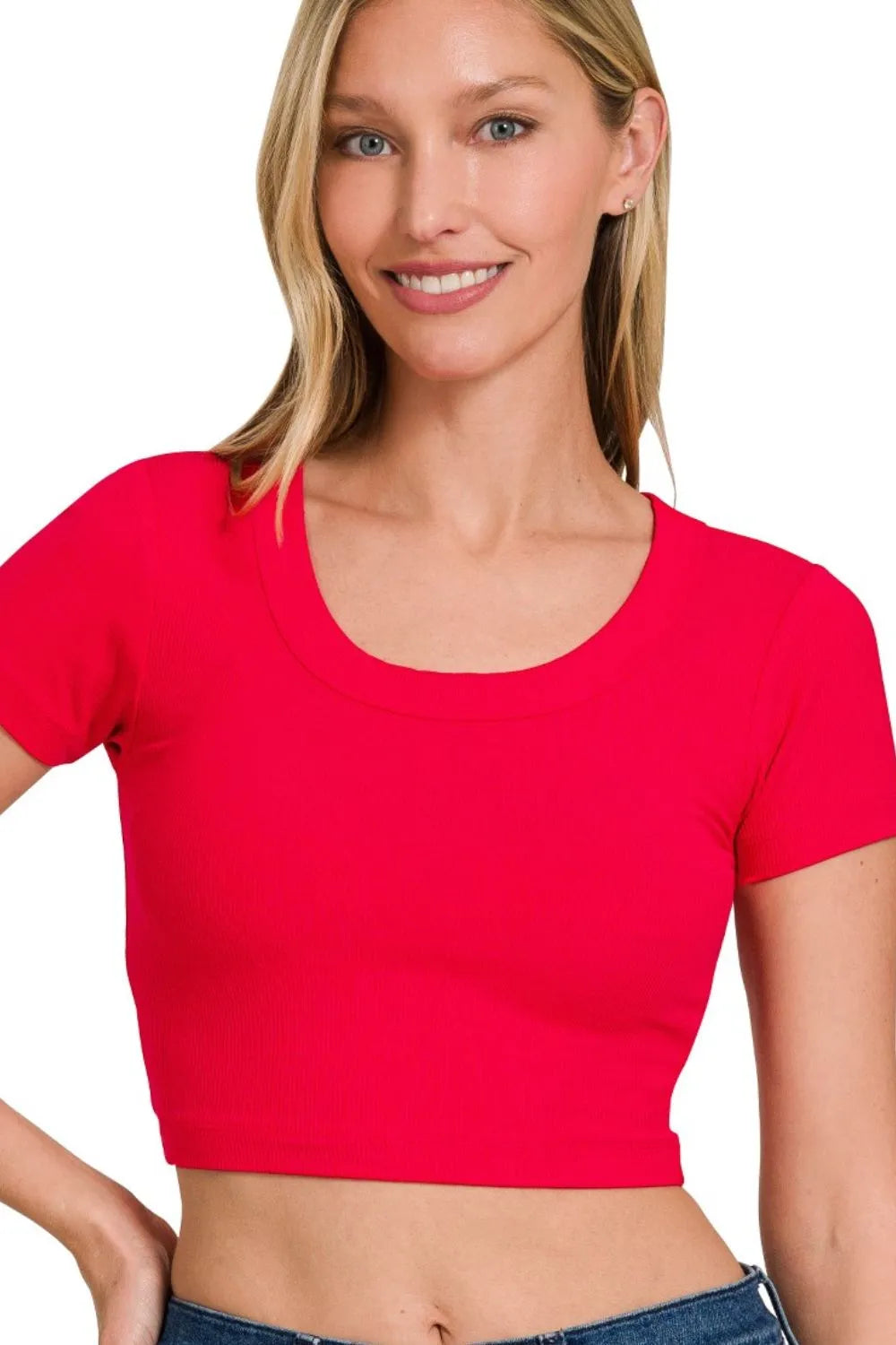 Zenana Ribbed Scoop Neck Crop Short Sleeve Top - Love Salve 