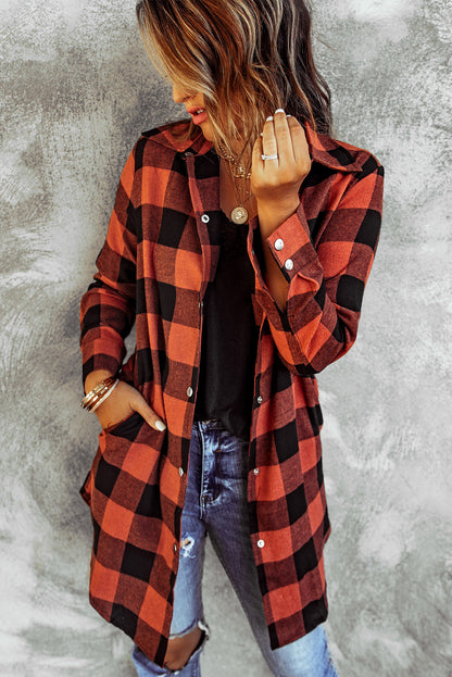 Chic plaid shirt coat with elegant turn-down collar in fiery red