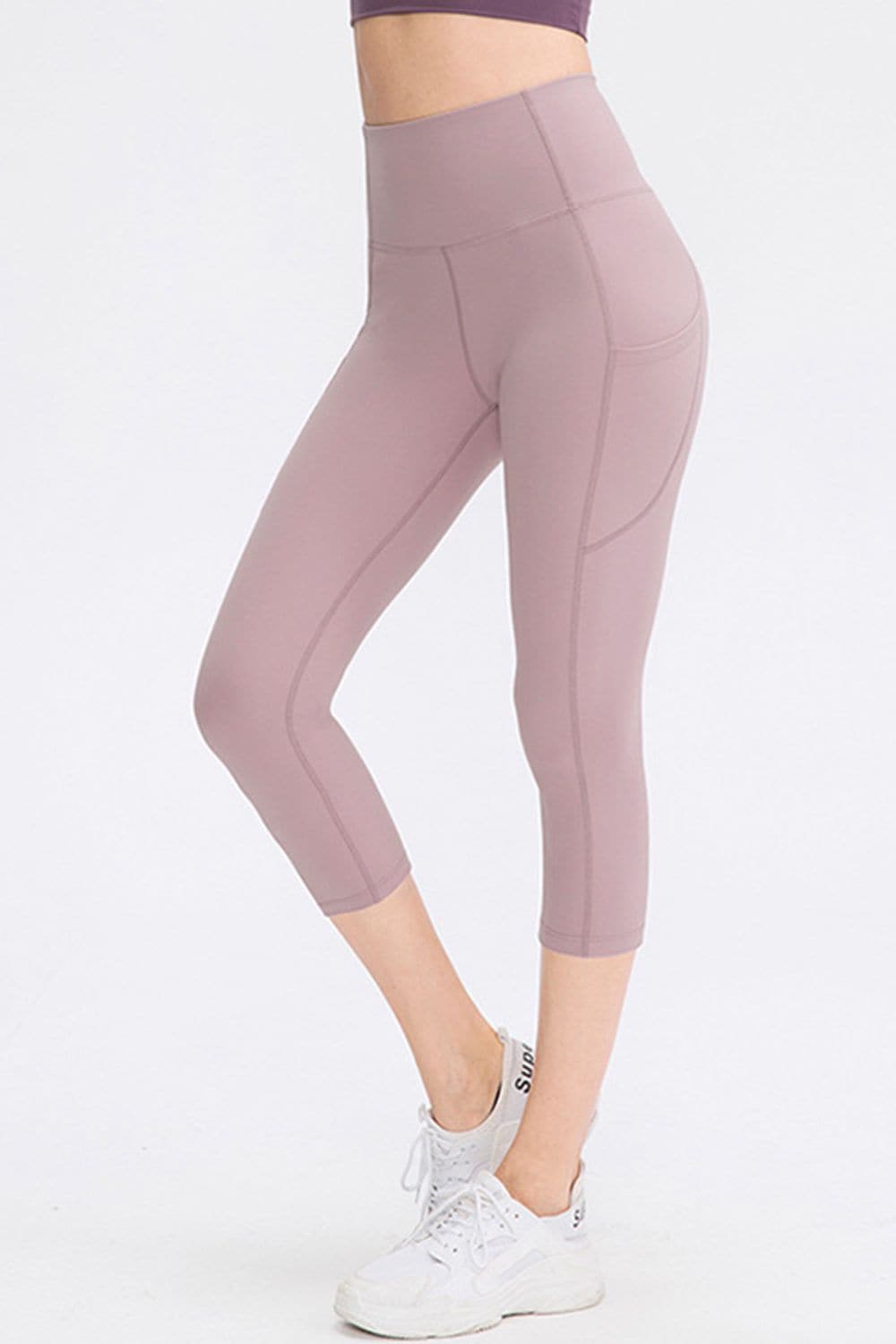 Wide Waistband Cropped Active Leggings with Pockets.