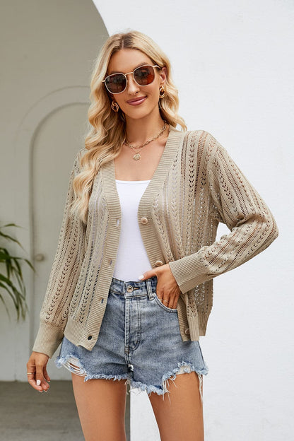 Openwork Button Front V-Neck Cardigan.