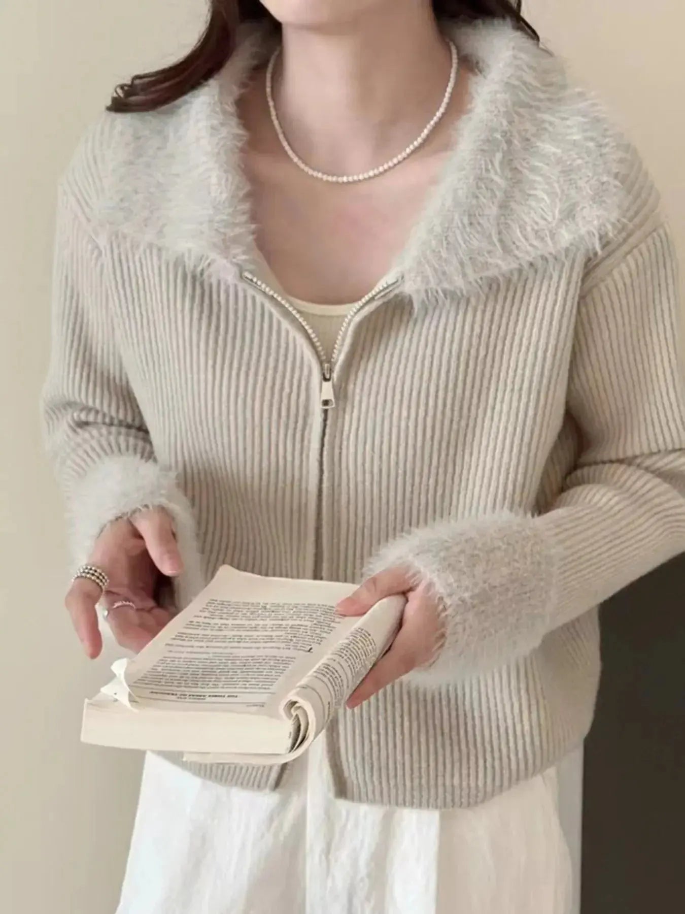 Fluffy Trim Zip-Up Cardigan Simply Love