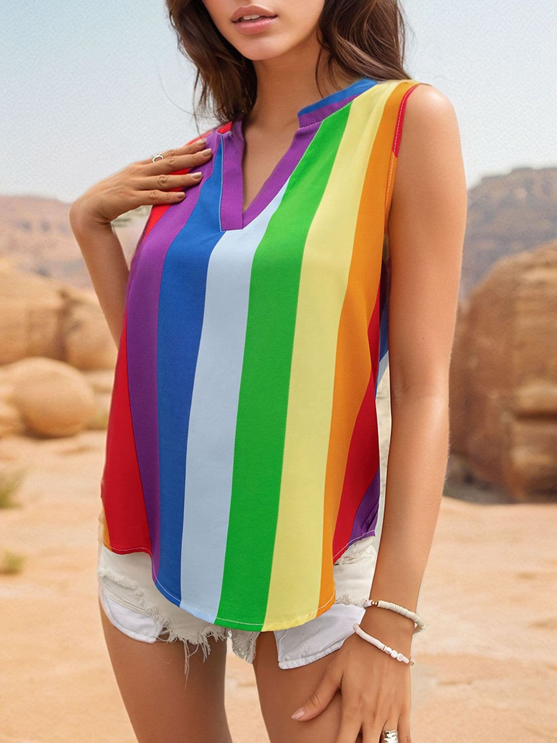 Color Block Notched Sleeveless Top.