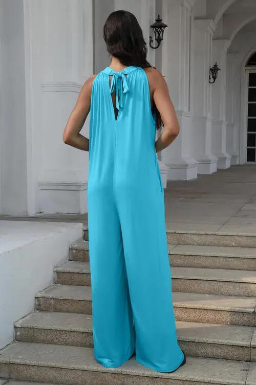 Double Take Full Size Tie Back Cutout Sleeveless Jumpsuit - Love Salve