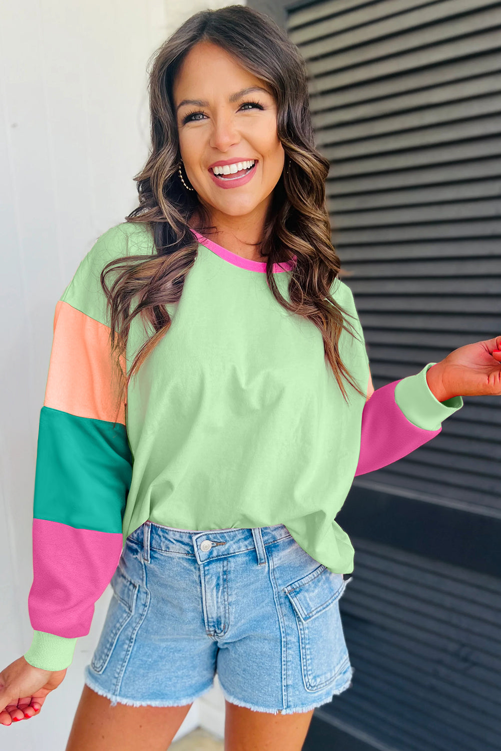 Green colorblock oversized long sleeve top