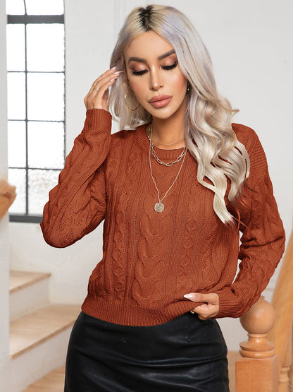 Cable-Knit Round Neck Long Sleeve Sweater.