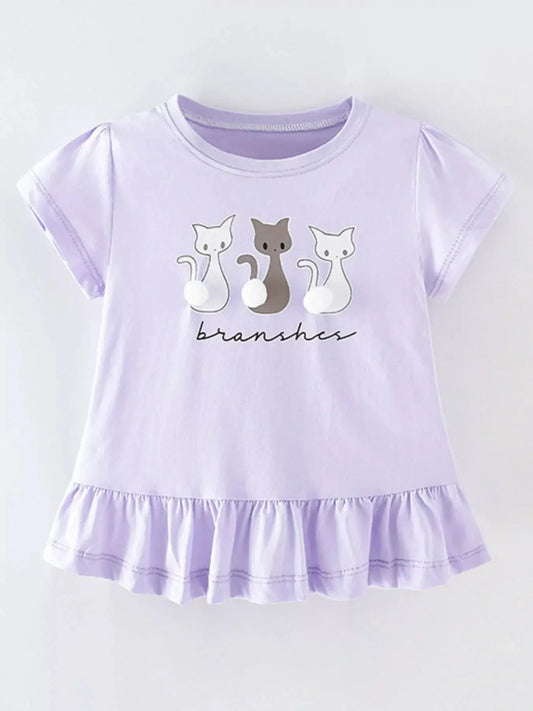 Children's Cats Round Neck Ruffle Hem T-Shirt Simply Love