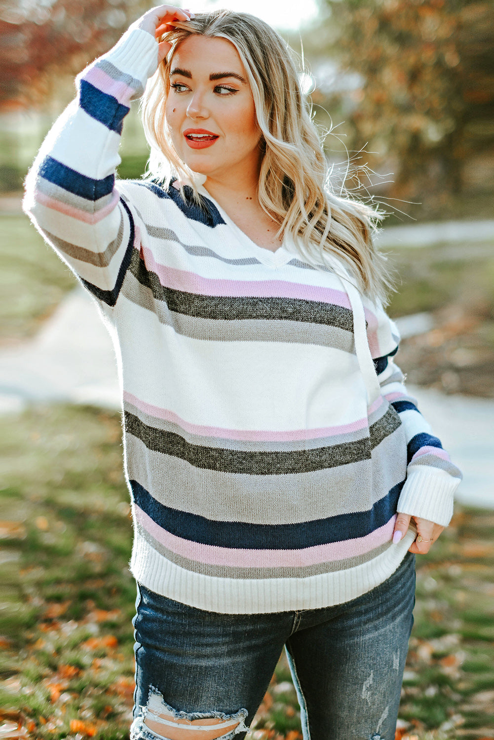 Cozy Plus Size Hooded Striped Knit Sweater