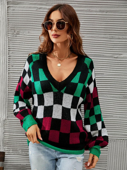 Checkered V-Neck Lantern Sleeve Sweater.