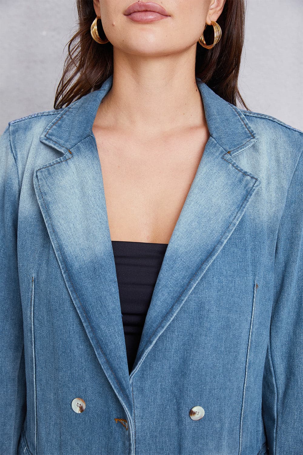 Lapel Collar Washed Denim Top.