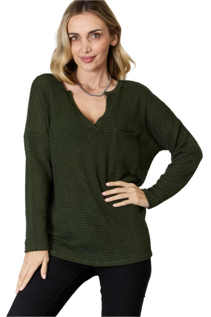 BiBi Notched Popcorn Waffle Long Sleeve Top.