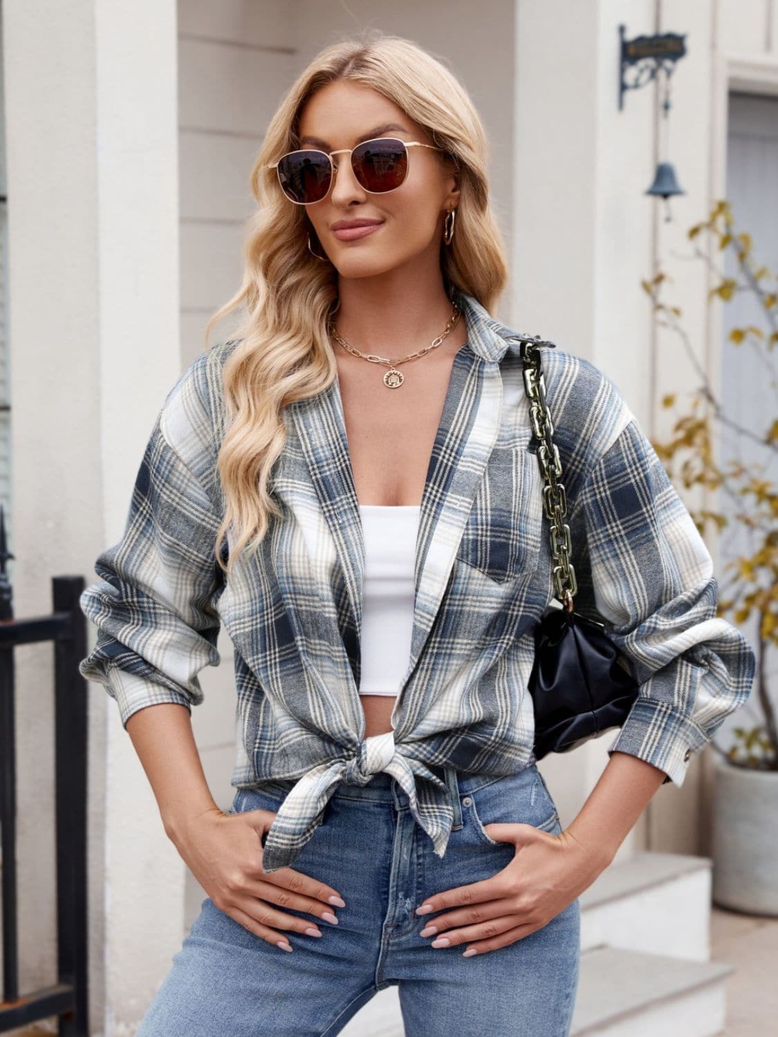 Plaid Collared Neck Long Sleeve Shirt.