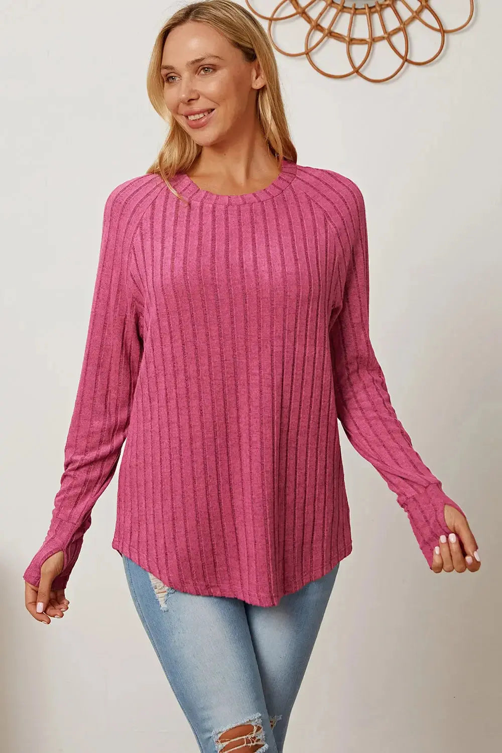 Basic Bae Full Size Ribbed Thumbhole Sleeve T-Shirt - Love Salve
