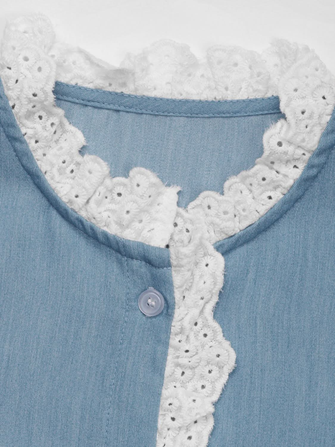 Lace-Embellished Button-Up Long Sleeve Blouse