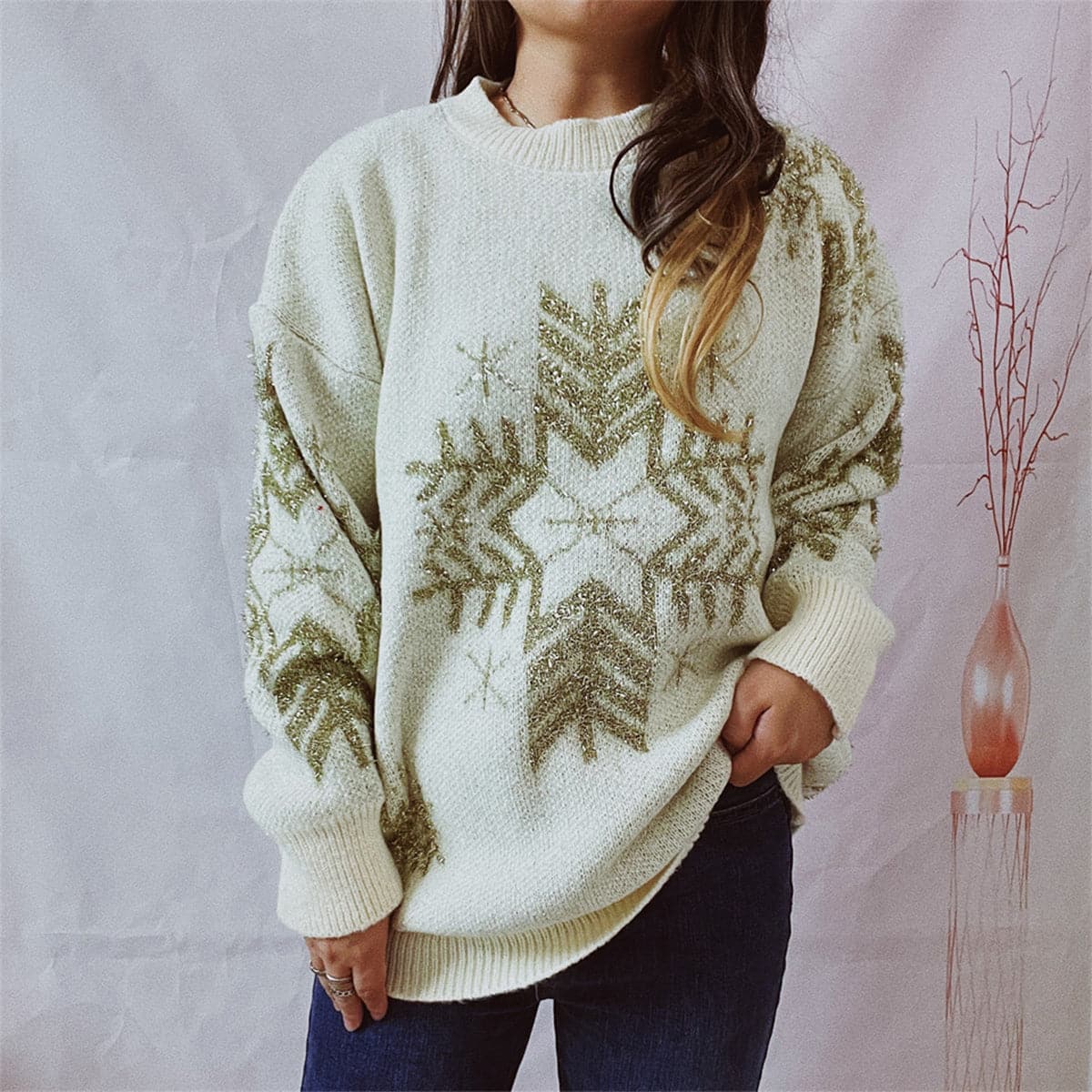 Snowflake Pattern Long Sleeve Sweater.