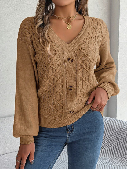 Cable-Knit V-Neck Lantern Sleeve Sweater.