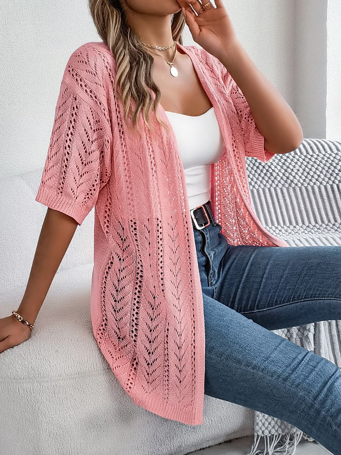 Openwork Open Front Half Sleeve Cardigan.