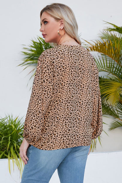 Plus Size Animal Print Balloon Sleeve V-Neck Blouse.