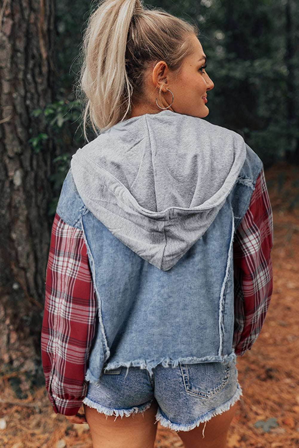 Beau Blue Plaid Print Patchwork Hooded Raw Hem Denim Jacket