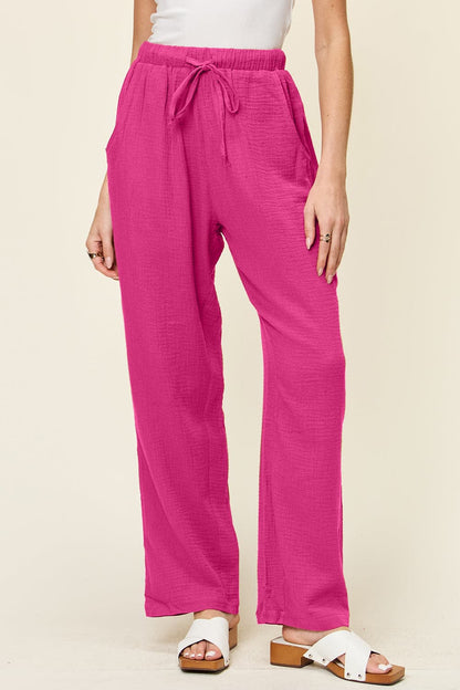 Double Take Full Size Texture Drawstring Straight Pants.