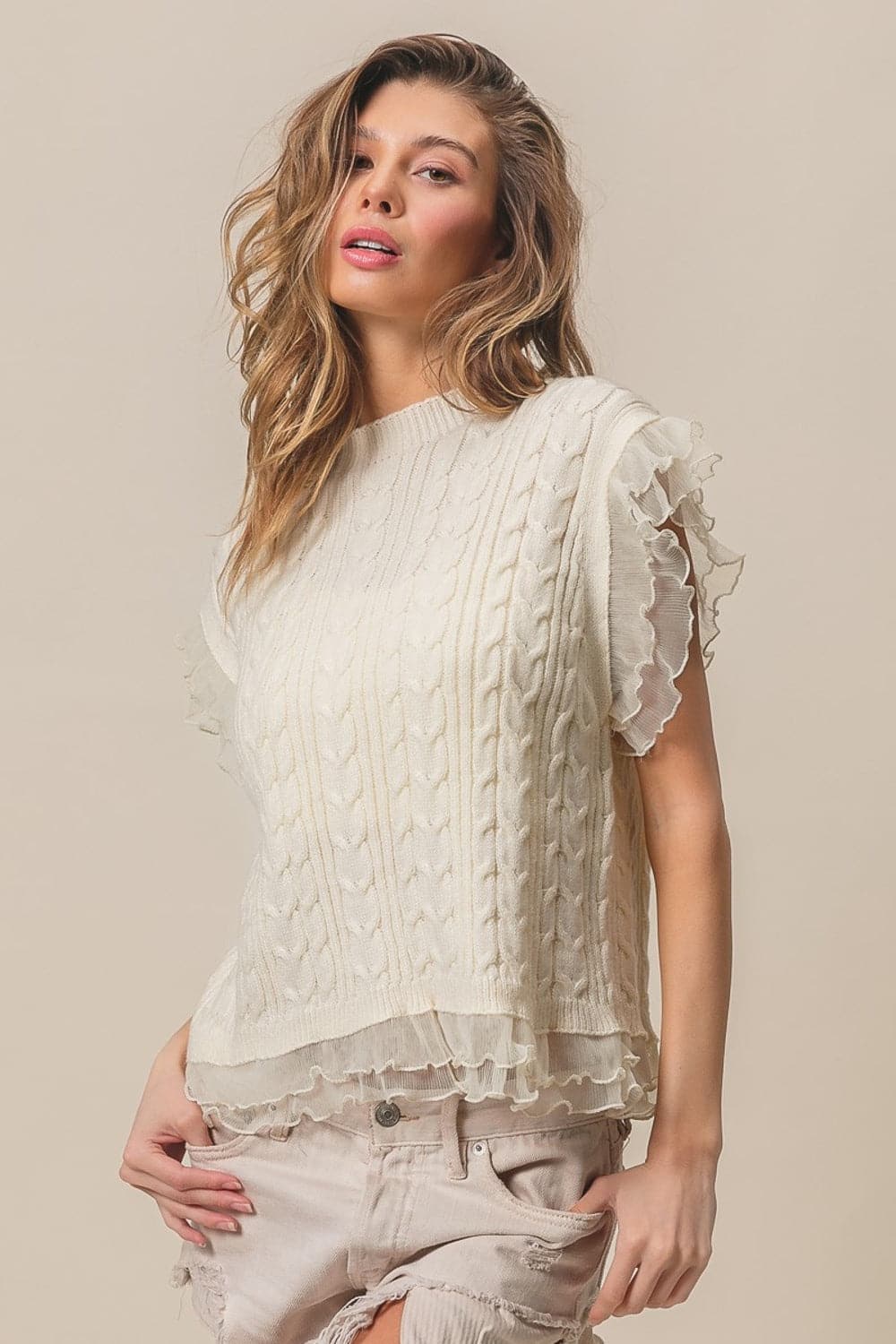 BiBi Layered Pleat Chiffon Edge Cable Knit Top.