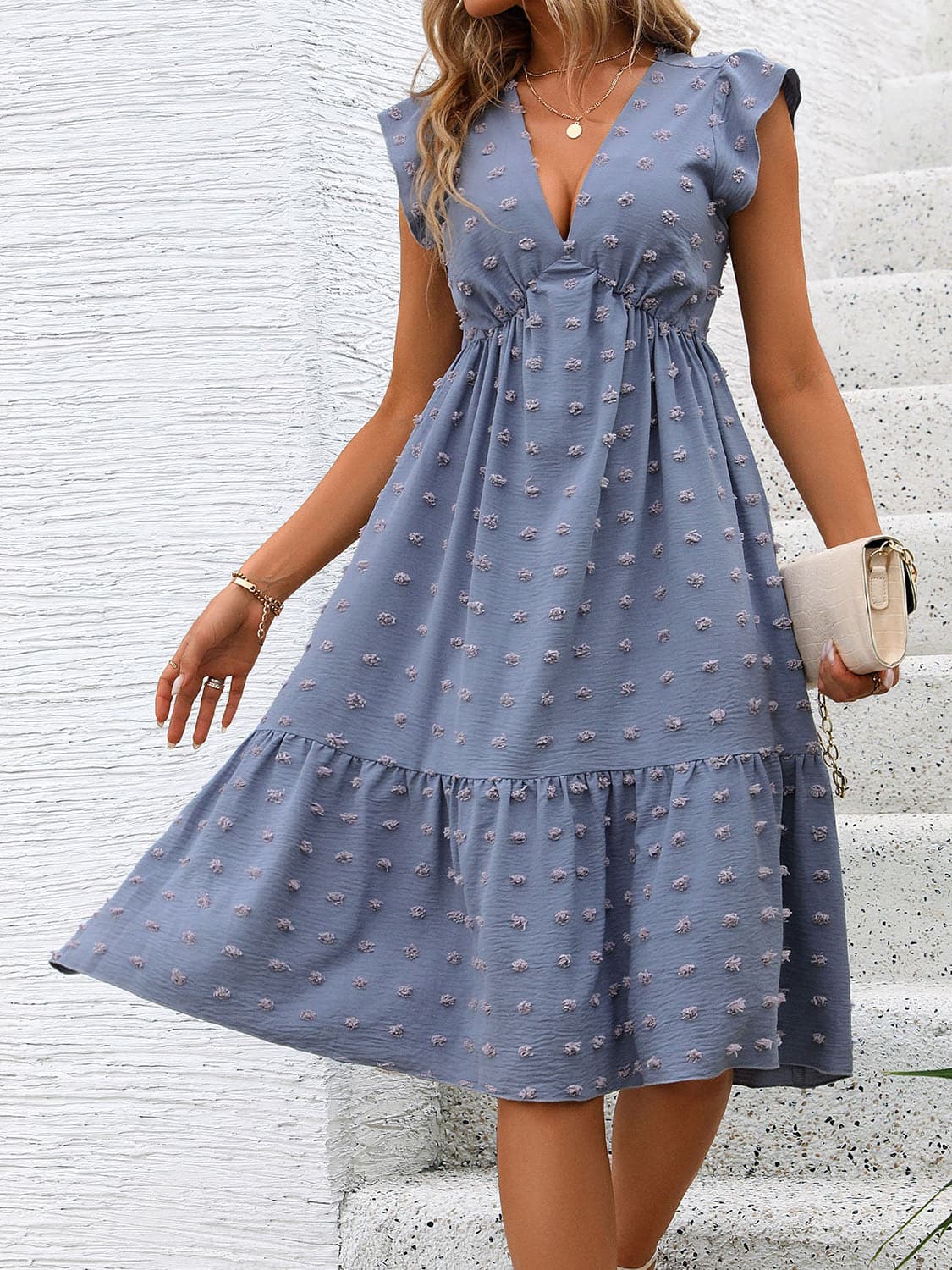 Swiss Dot V-Neck Cap Sleeve Dress.