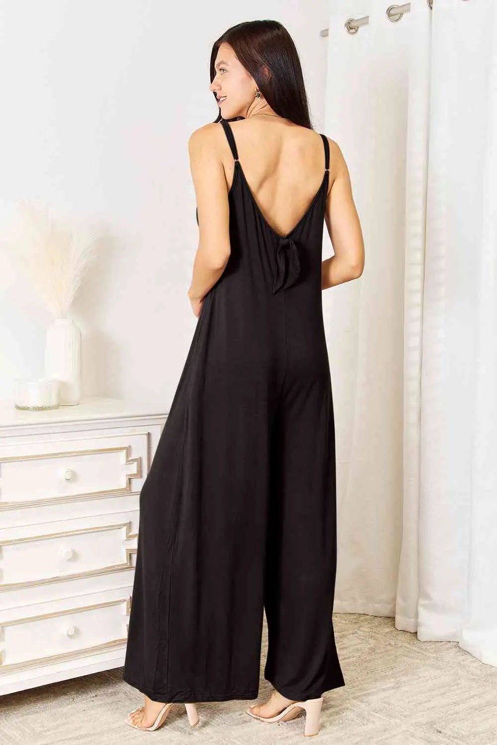 Double Take Full Size Soft Rayon Spaghetti Strap Tied Wide Leg Jumpsuit - Love Salve