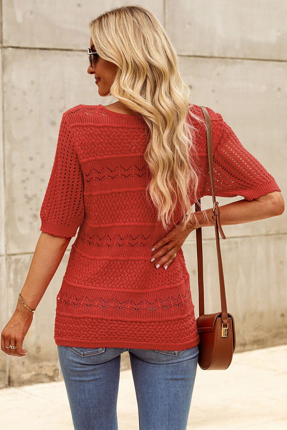 Openwork Round Neck Half Sleeve Knit Top.