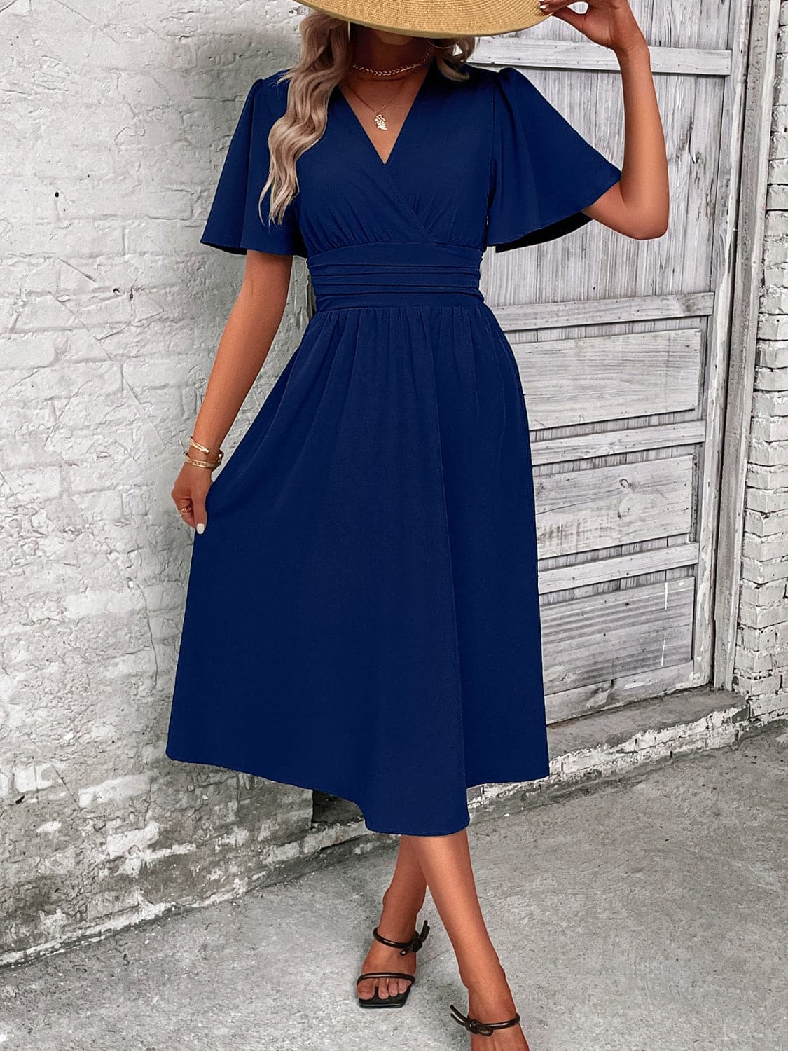 Surplice Flutter Sleeve Midi Dress.