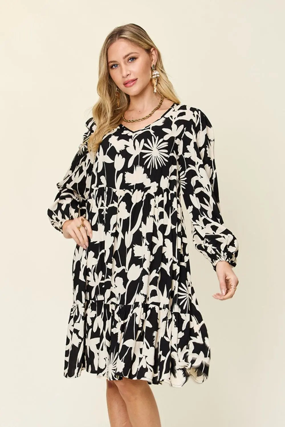 Double Take Full Size Printed Ruffle Hem Long Sleeve Dress - Love Salve