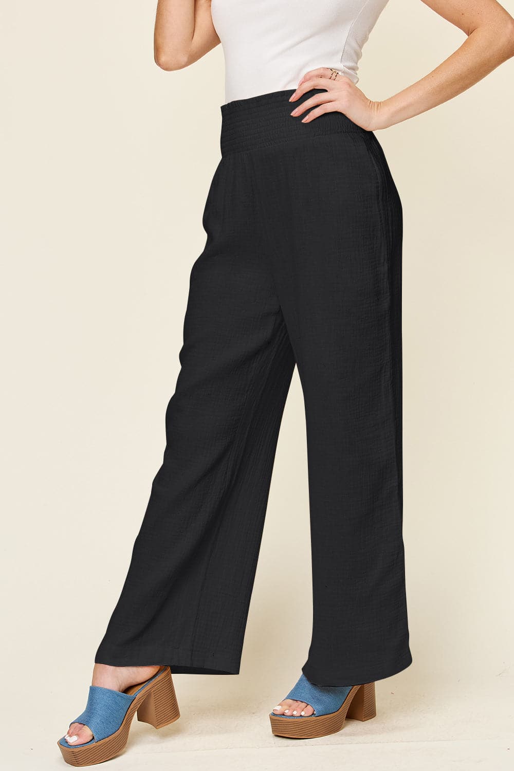 Double Take Full Size Texture Smocked Waist Wide Leg Pants.