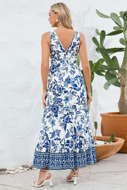 Printed V-Neck Wide Strap Dress.