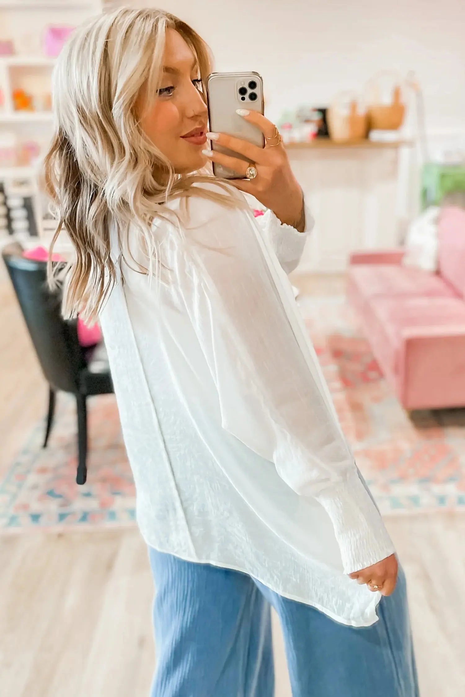 White Smocked Cuffs Semi Sheer Long Sleeve Dolman Blouse Dear-Lover Dropshipping