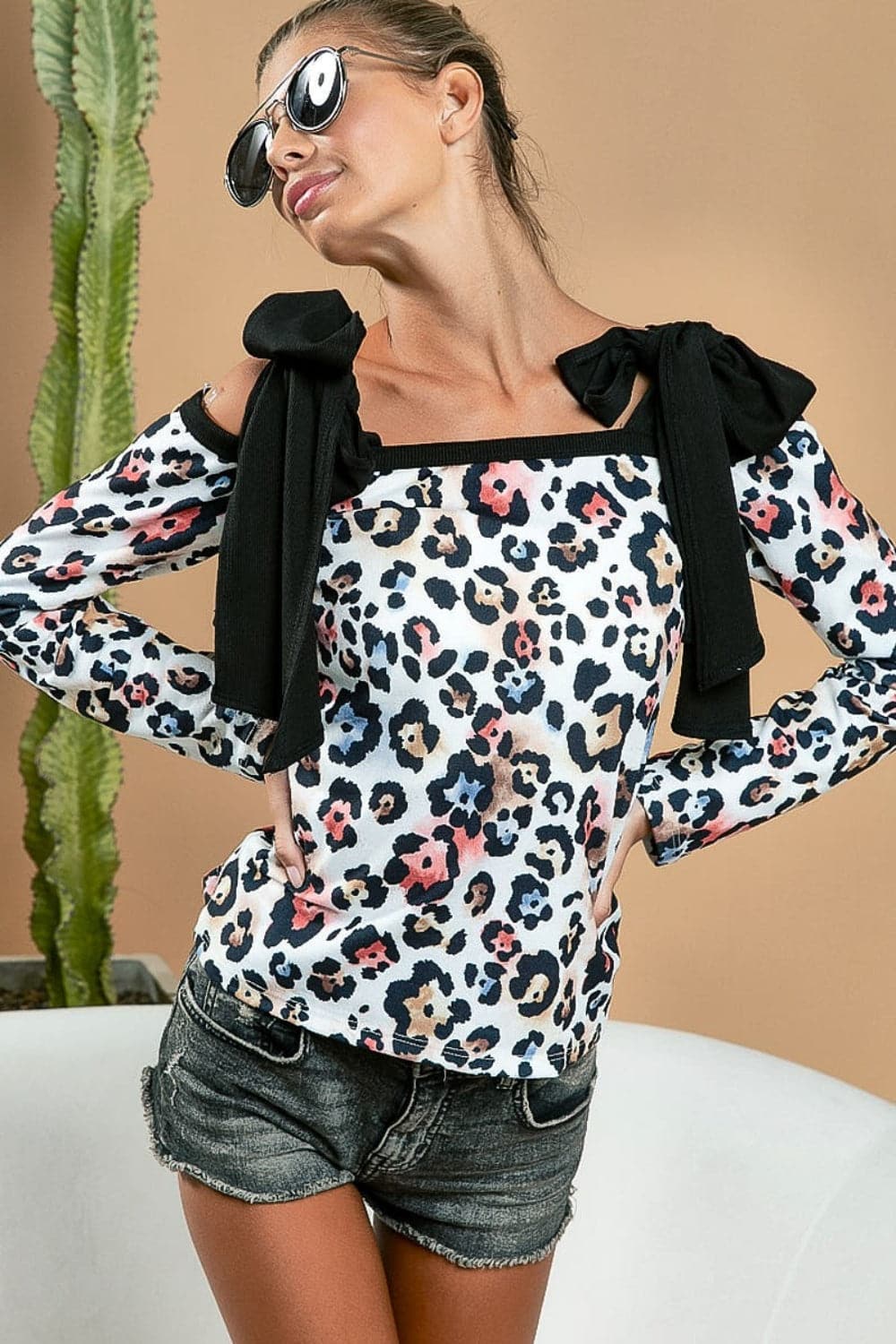 BiBi Leopard Shoulder Tie Long Sleeve Top.