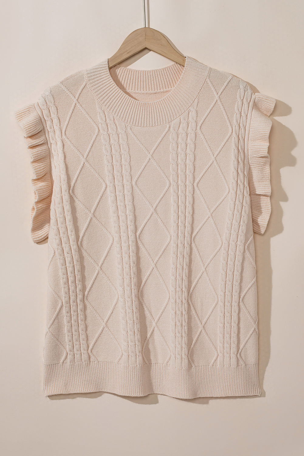 Chic oatmeal cable knit mock neck sweater with ruffled sleeves