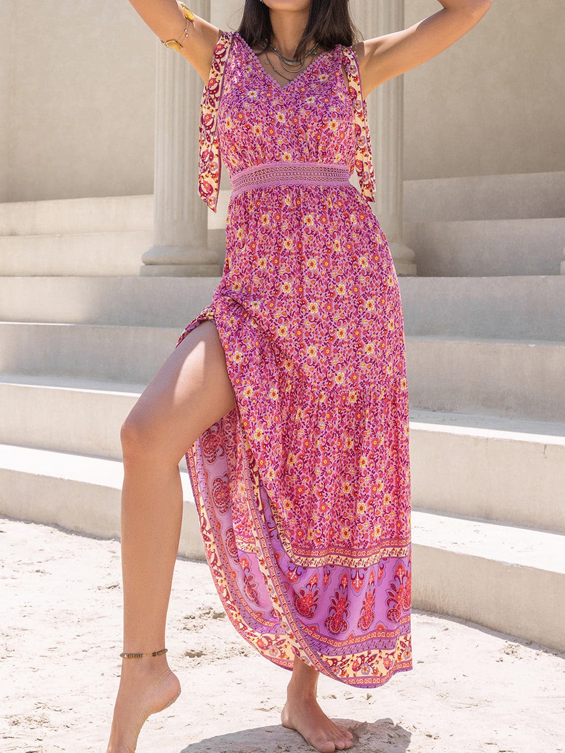 Tied Printed V-Neck Sleeveless Dress.