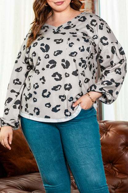 Trendy gray leopard print thermal knit top with playful balloon sleeves