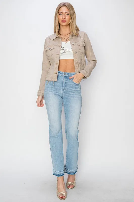 Risen Full Size Raw Hem Button Up Cropped Denim Jacket Plus Size - Love Salve 