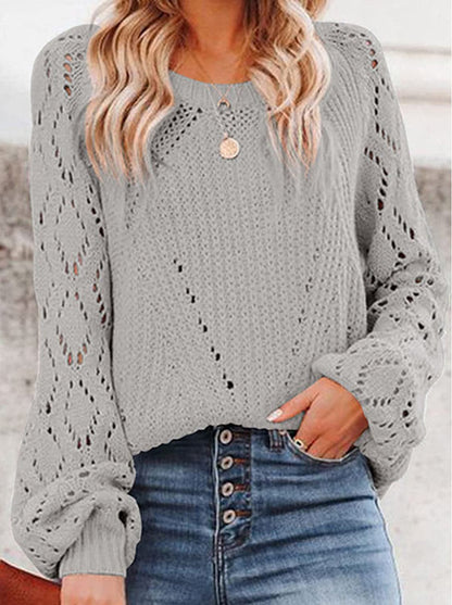 Openwork Round Neck Lantern Sleeve Sweater.