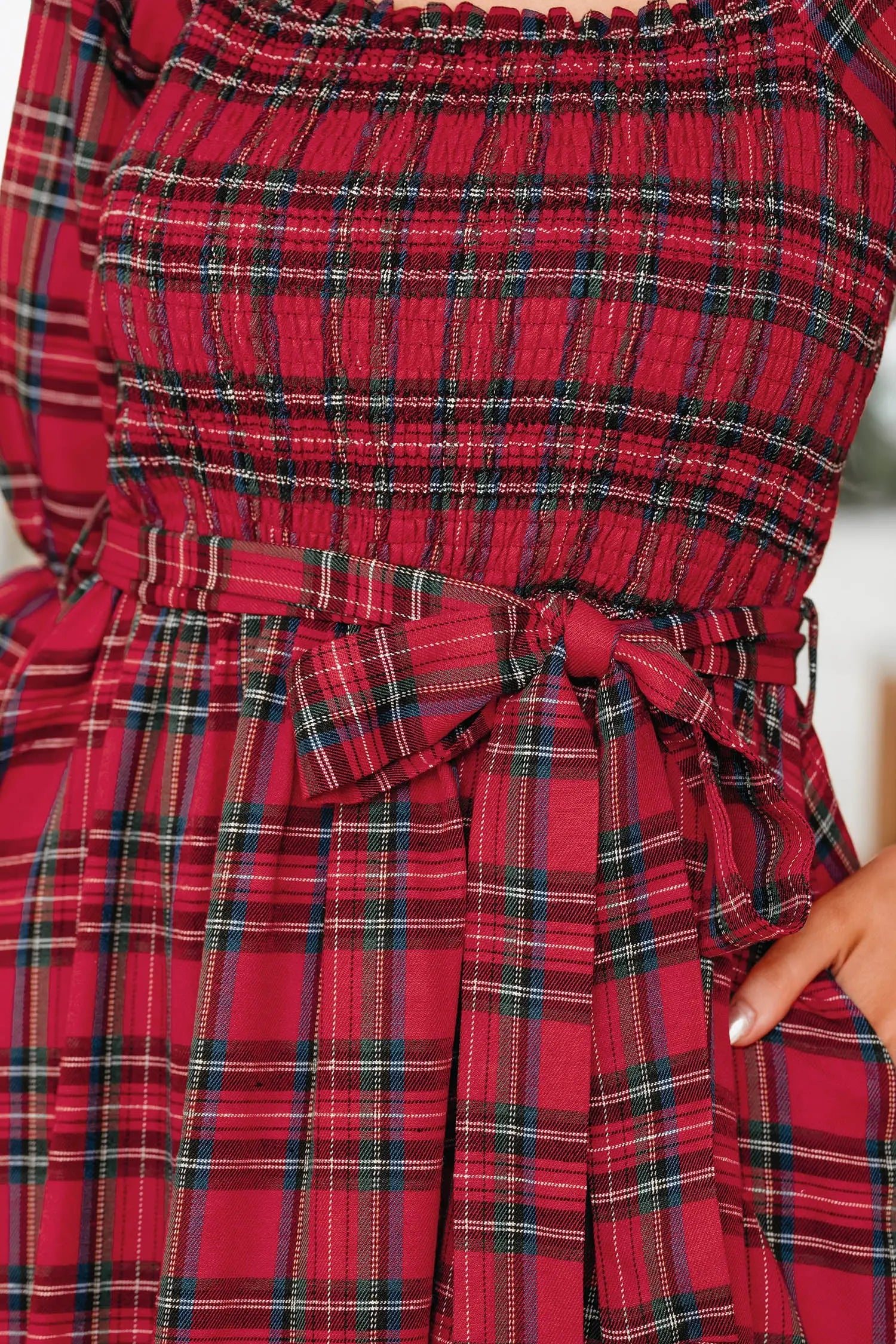 Red Tartan Plaid Square Neck Puff Sleeve Knot Waist Flared Midi Dress Dear-Lover Dropshipping