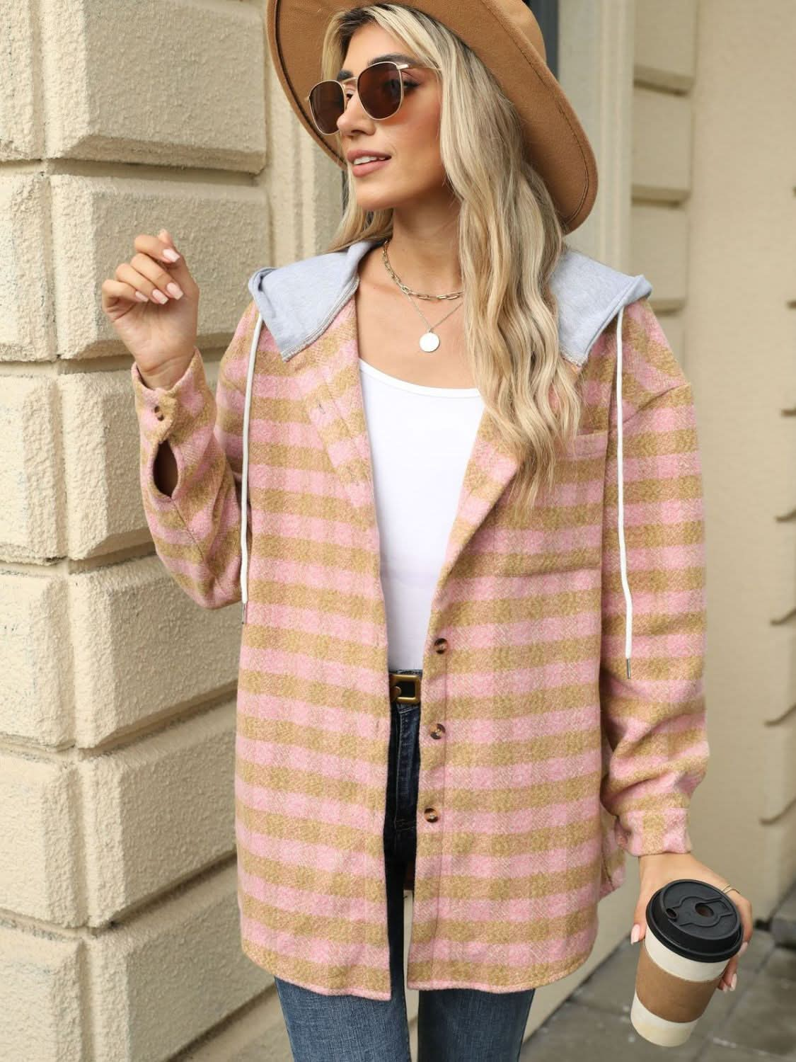 Plaid hooded jacket with pockets