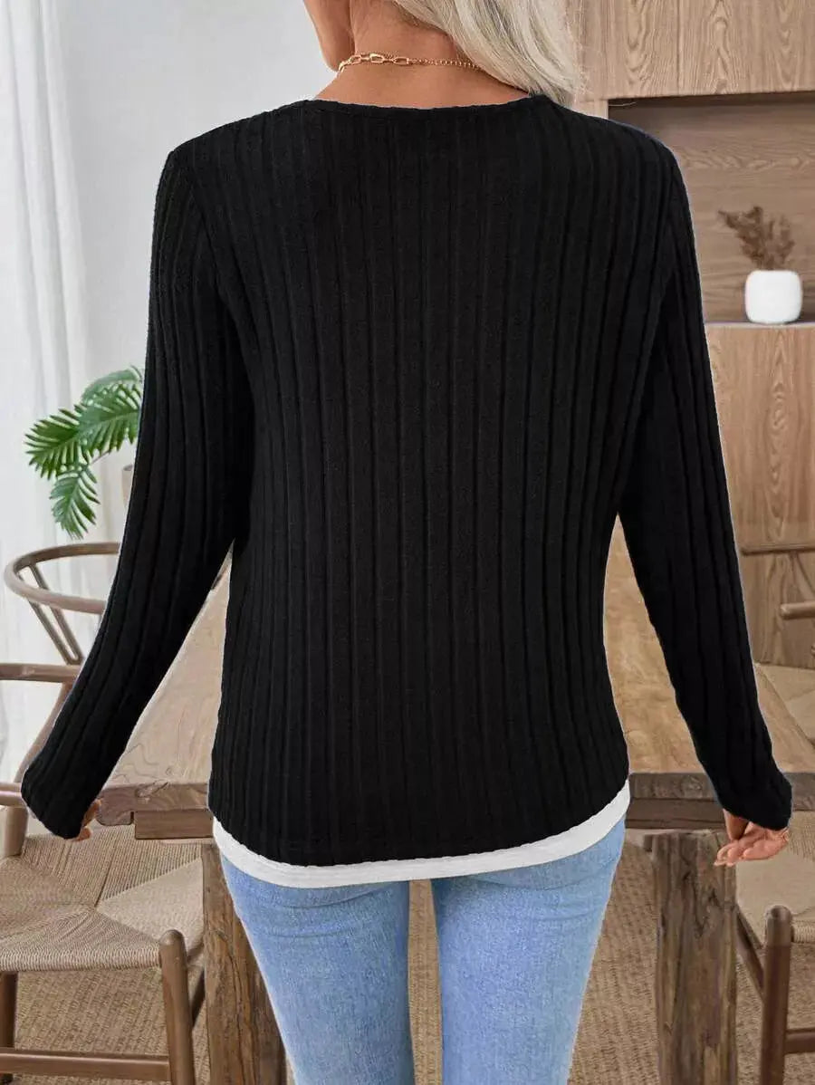 Ribbed Knit Long Sleeve Henley T-Shirt Simply Love