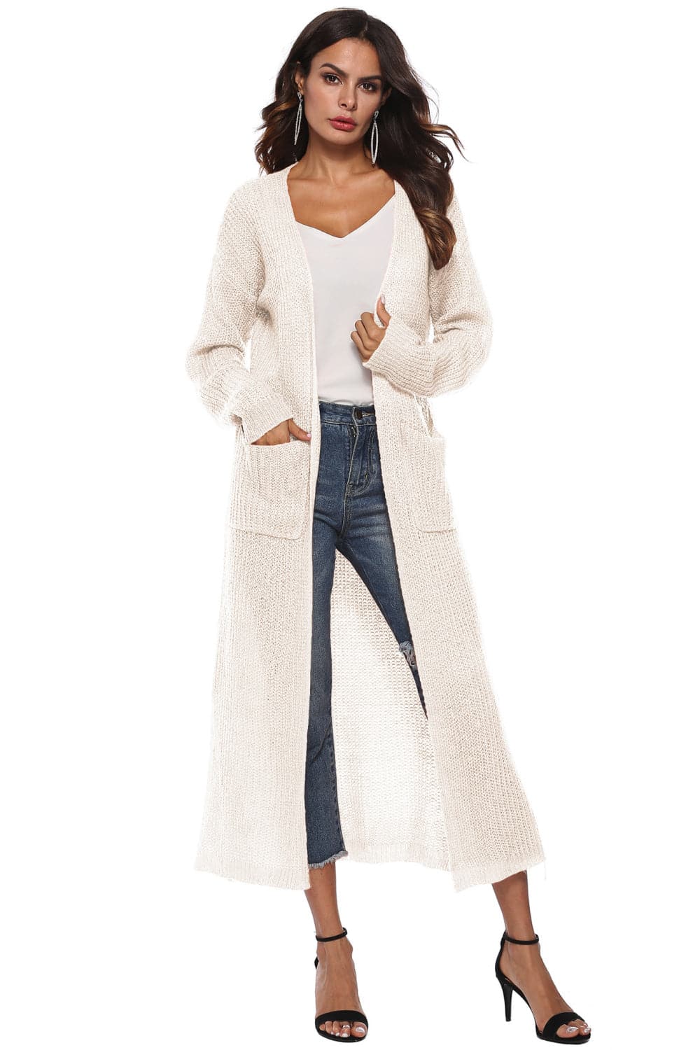 Long Sleeve Open Front Buttoned Cardigan.