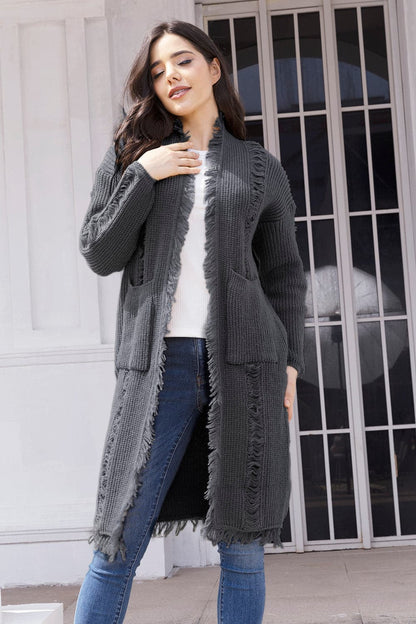 Fringe Trim Open Front Cardigan with Pockets.