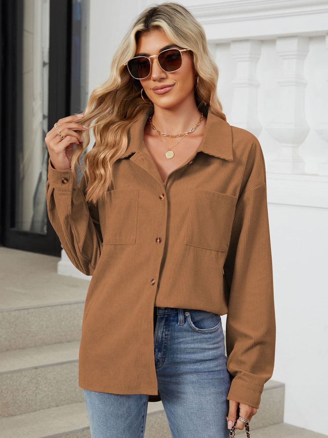 Chic Buttoned Long Sleeve Jacket with Dropped Shoulders